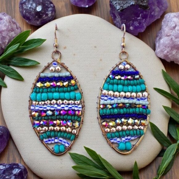 Indian Boho Chic Artisan Coastal Squash Tail Earrings Colorful Beaded Trendy - Picture 12 of 12